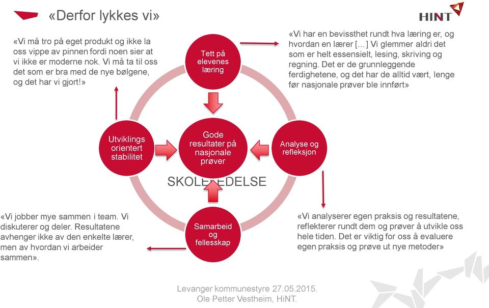 Det er de grunnleggende ferdighetene, og det har de alltid vært, lenge før nasjonale prøver ble innført» Utviklings orientert stabilitet Gode resultater på nasjonale prøver SKOLELEDELSE Analyse og