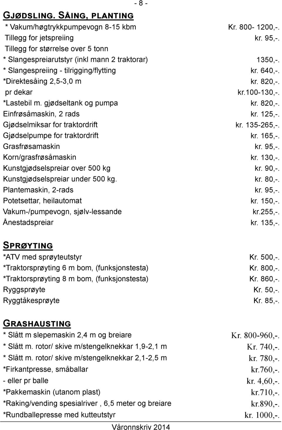 *Lastebil m. gjødseltank og pumpa kr. 820,-. Einfrøsåmaskin, 2 rads kr. 125,-. Gjødselmiksar for traktordrift kr. 135-265,-. Gjødselpumpe for traktordrift kr. 165,-. Grasfrøsamaskin kr. 95,-.