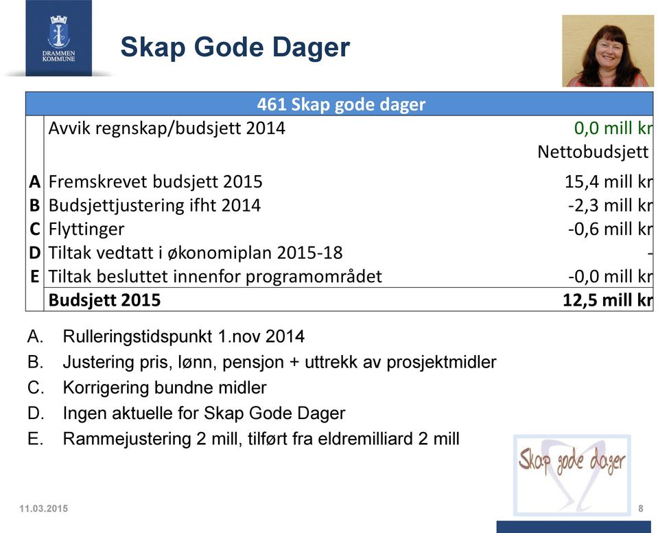 Rammejustering 2 mill, tilført fra eldremilliard 2 mill 0,0 mill kr Nettobudsjett A Fremskrevet budsjett 2015 15,4 mill kr B