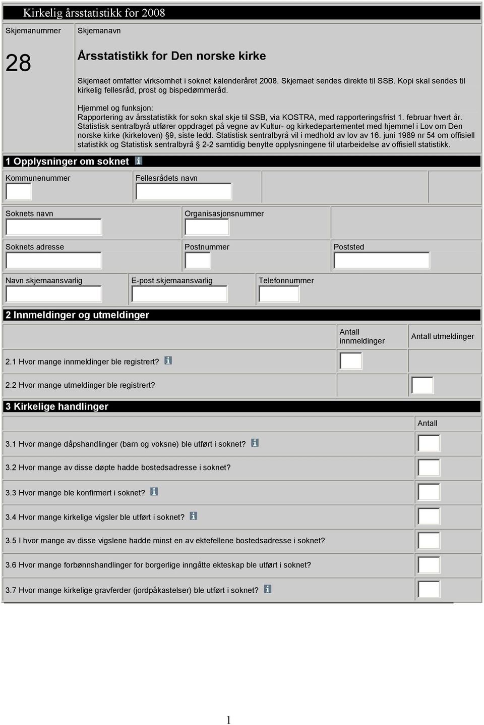 1 Opplysninger om soknet Hjemmel og funksjon: Rapportering av årsstatistikk for sokn skal skje til SSB, via KOSTRA, med rapporteringsfrist 1. februar hvert år.