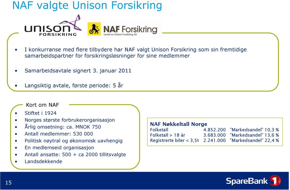 januar 2011 Langsiktig avtale, første periode: 5 år Kort om NAF Stiftet i 1924 Norges største forbrukerorganisasjon Årlig omsetning: ca.