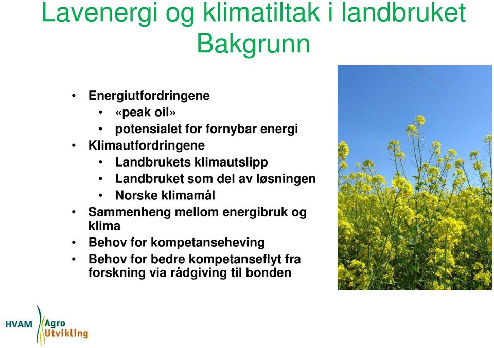 Landbruket som del av løsningen Norske klimamål Sammenheng mellom energibruk og