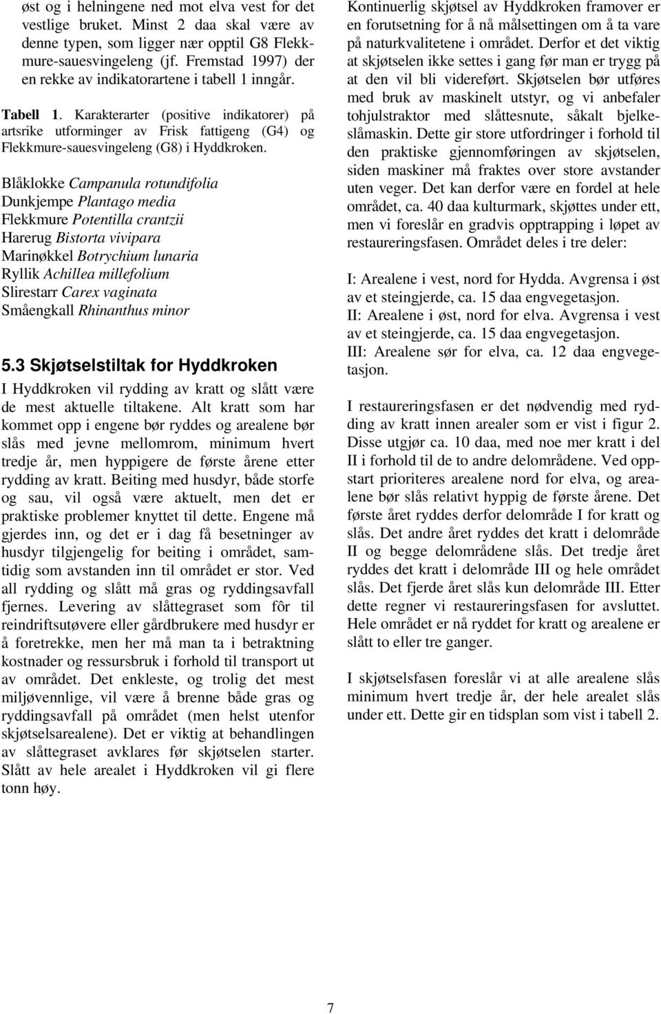 Karakterarter (positive indikatorer) på artsrike utforminger av Frisk fattigeng (G4) og Flekkmure-sauesvingeleng (G8) i Hyddkroken.