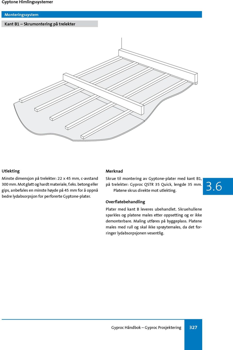 Skrue til montering av Gyptone-plater med kant B1, på trelekter: Gyproc QSTR 35 Quick, lengde 35 mm. Platene skrus direkte mot utlekting.