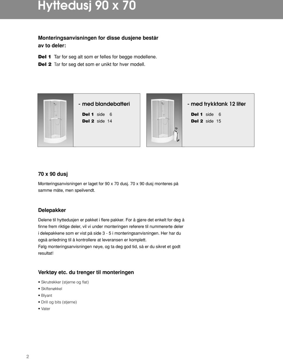 70 x 90 dusj monteres på samme måte, men speilvendt. Delepakker Delene til hyttedusjen er pakket i fl ere pakker.