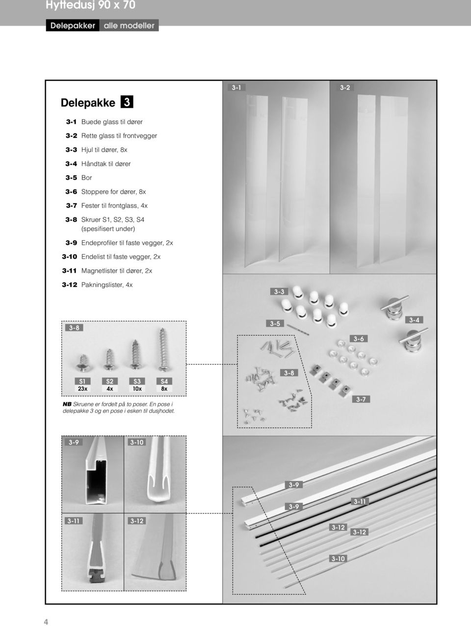 vegger, 2x 3-10 Endelist til faste vegger, 2x 3-11 Magnetlister til dører, 2x 3-12 Pakningslister, 4x 3-3 3-8 3-5 3-4 3-6 S1 23x S2 S3 S4 4x 10x
