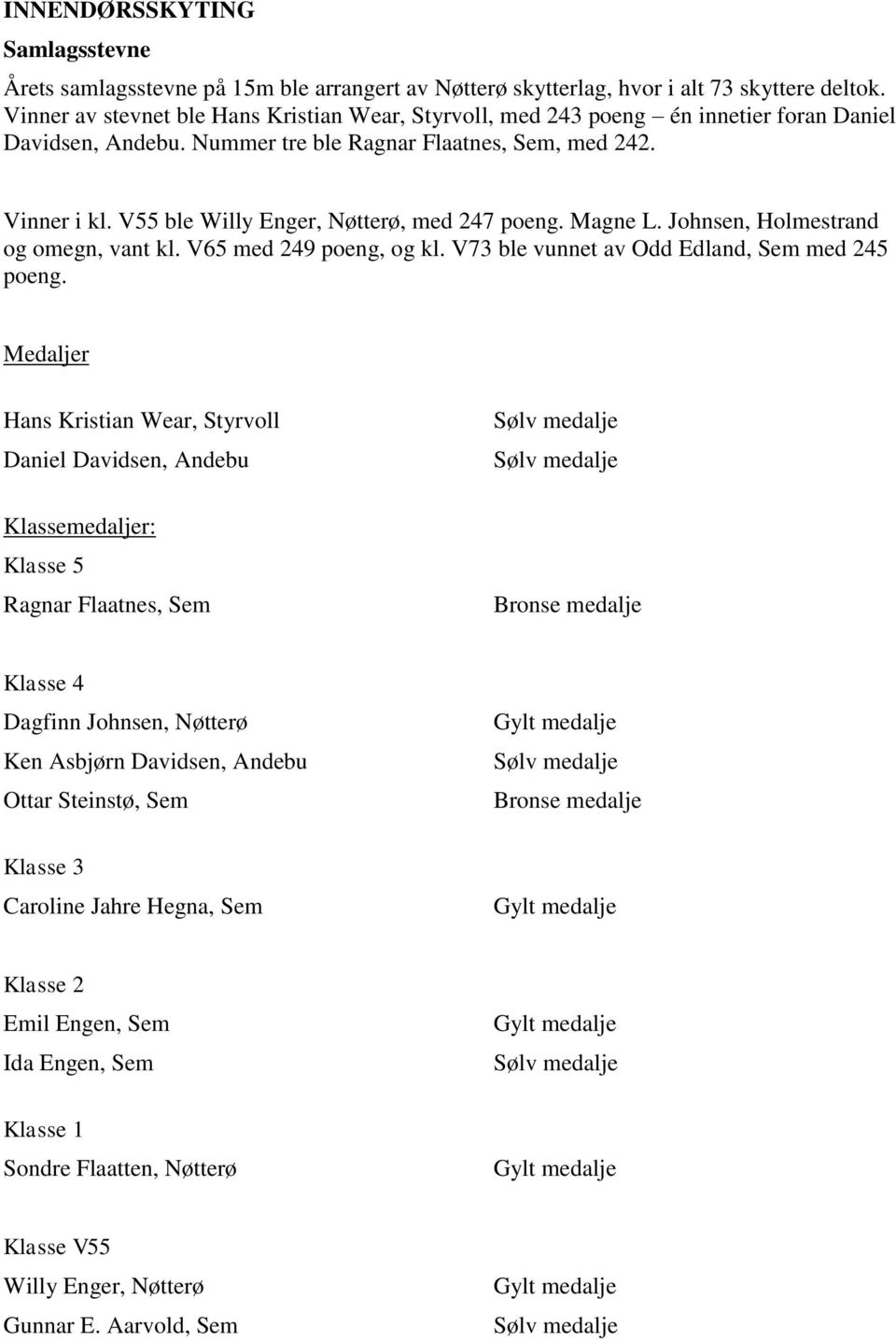 V55 ble Willy Enger, Nøtterø, med 247 poeng. Magne L. Johnsen, Holmestrand og omegn, vant kl. V65 med 249 poeng, og kl. V73 ble vunnet av Odd Edland, Sem med 245 poeng.