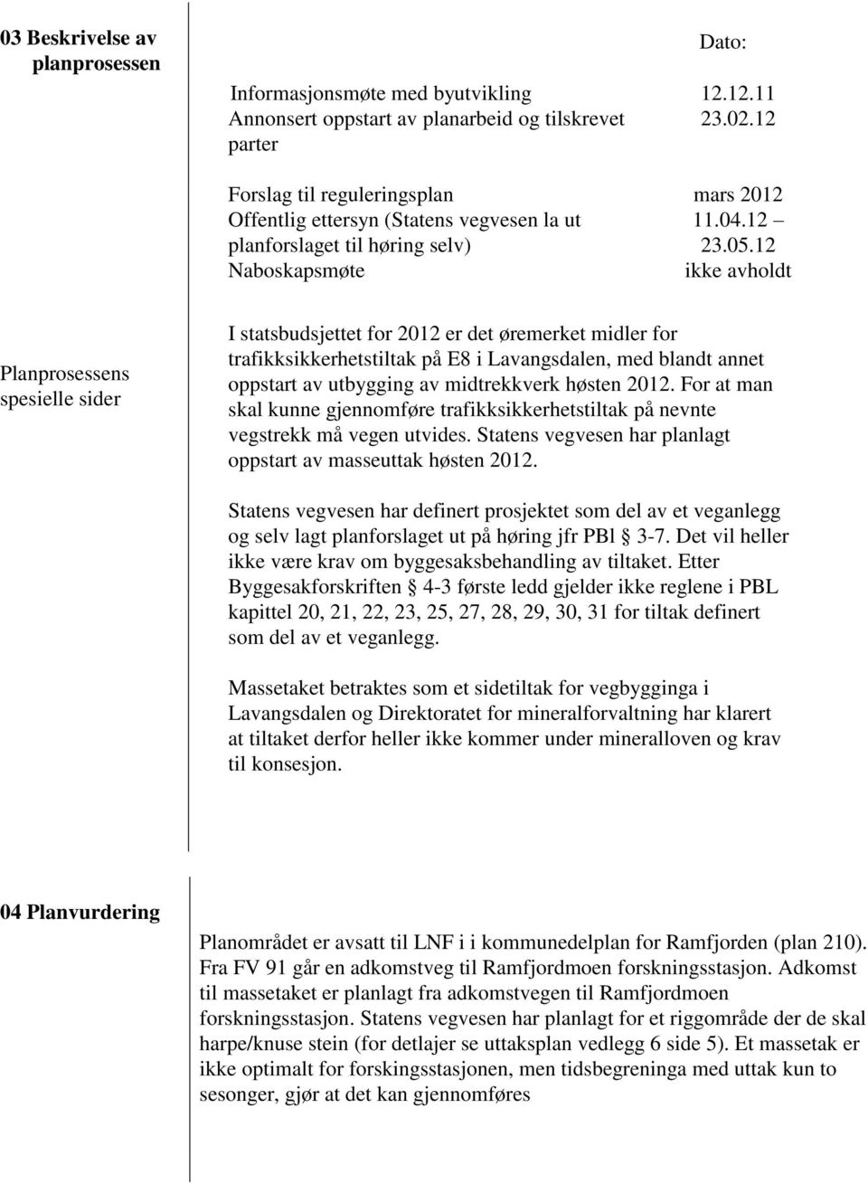 12 Naboskapsmøte ikke avholdt Planprosessens spesielle sider I statsbudsjettet for 2012 er det øremerket midler for trafikksikkerhetstiltak på E8 i Lavangsdalen, med blandt annet oppstart av