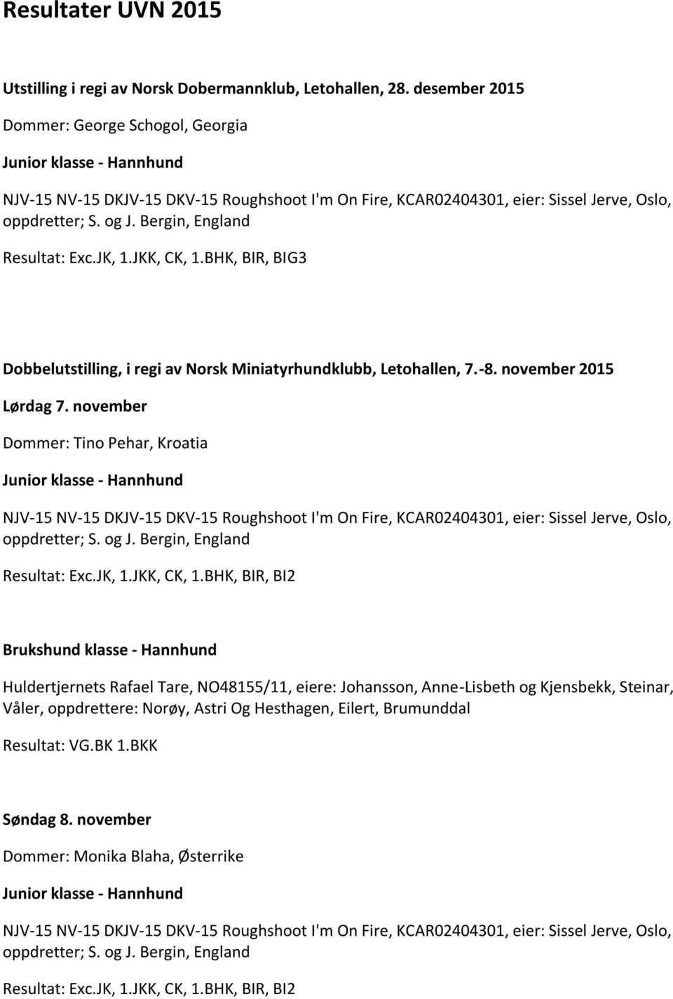 Bergin, England Resultat: Exc.JK, 1.JKK, CK, 1.BHK, BIR, BIG3 Dobbelutstilling, i regi av Norsk Miniatyrhundklubb, Letohallen, 7.-8. november 2015 Lørdag 7.