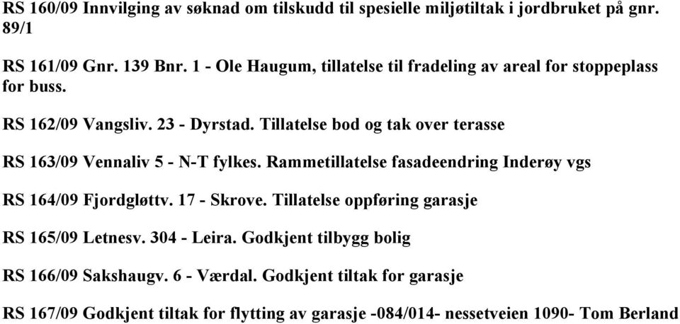 Tillatelse bod og tak over terasse RS 163/09 Vennaliv 5 - N-T fylkes. Rammetillatelse fasadeendring Inderøy vgs RS 164/09 Fjordgløttv. 17 - Skrove.