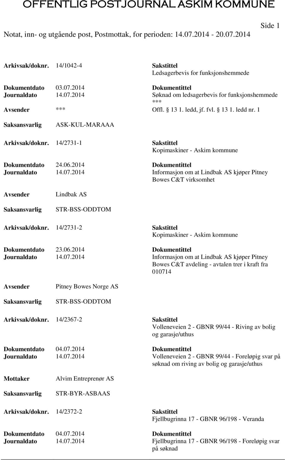 2014 Informasjon om at Lindbak AS kjøper Pitney Bowes C&T virksomhet Lindbak AS STR-BSS-ODDTOM Arkivsak/doknr. 14/2731-2 Sakstittel Kopimaskiner - Askim kommune Dokumentdato 23.06.