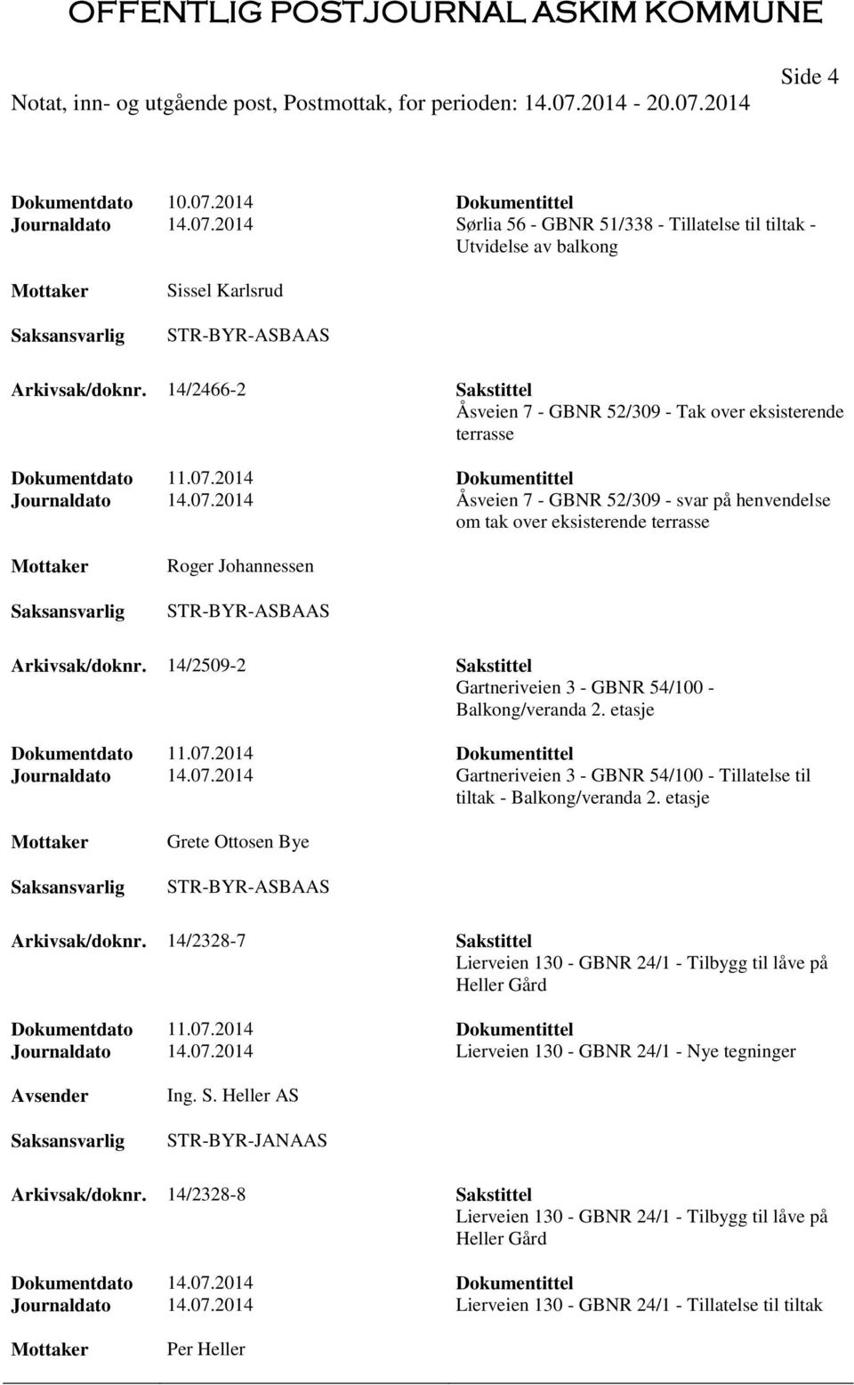 2014 Dokumentittel Journaldato 14.07.2014 Åsveien 7 - GBNR 52/309 - svar på henvendelse om tak over eksisterende terrasse Roger Johannessen Arkivsak/doknr.