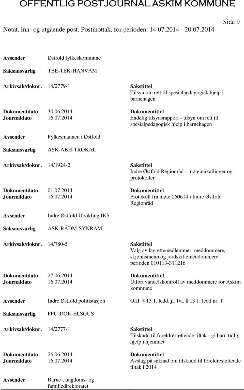 14/1924-2 Sakstittel Indre Østfold Regionråd - møteinnkallinger og protokoller Dokumentdato 01.07.