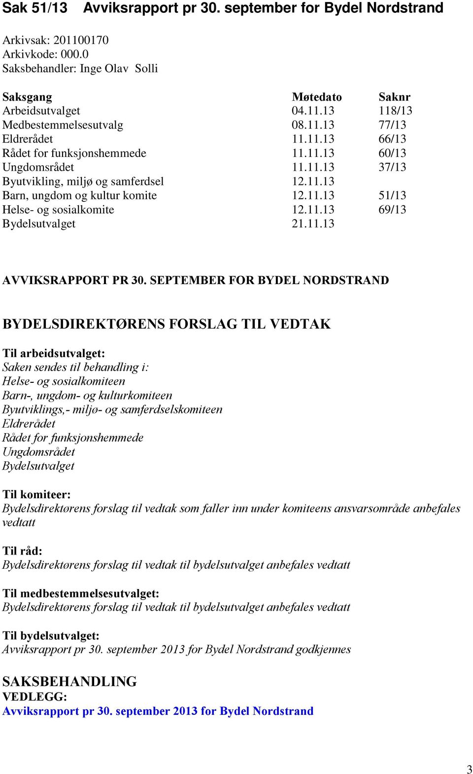 11.13 69/13 Bydelsutvalget 21.11.13 AVVIKSRAPPORT PR 30.