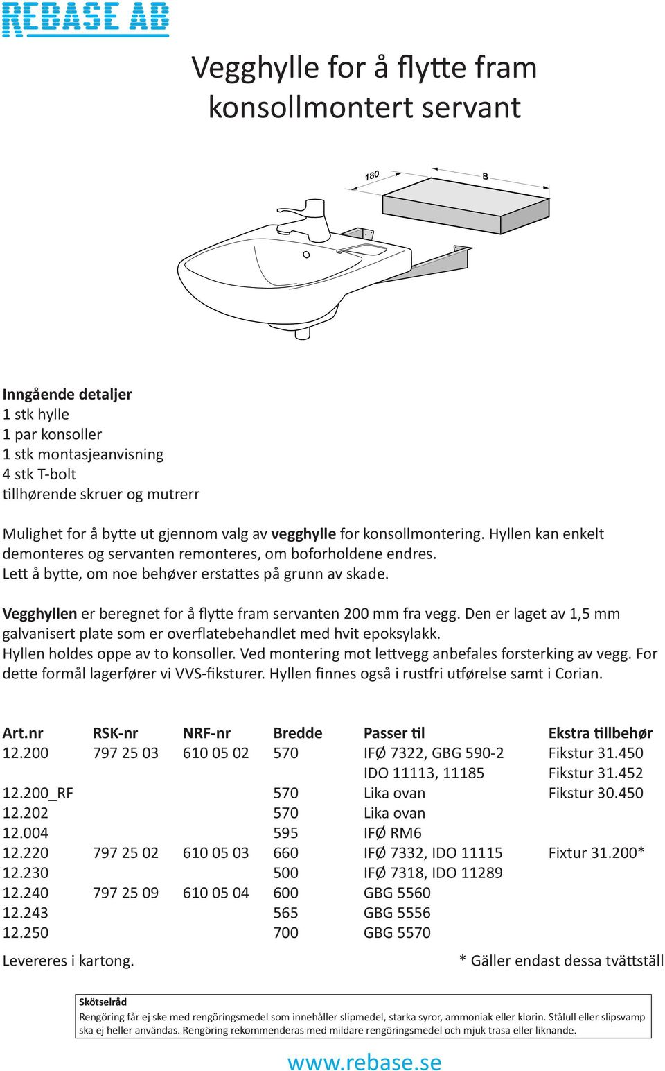 Vegghyllen er beregnet for å flytte fram servanten 200 mm fra vegg. Den er laget av 1,5 mm galvanisert plate som er overflatebehandlet med hvit epoksylakk. Hyllen holdes oppe av to konsoller.