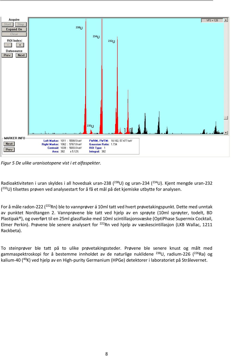 For å måle radon-222 ( 222 Rn) ble to vannprøver á 10ml tatt ved hvert prøvetakingspunkt. Dette med unntak av punktet Nordtangen 2.