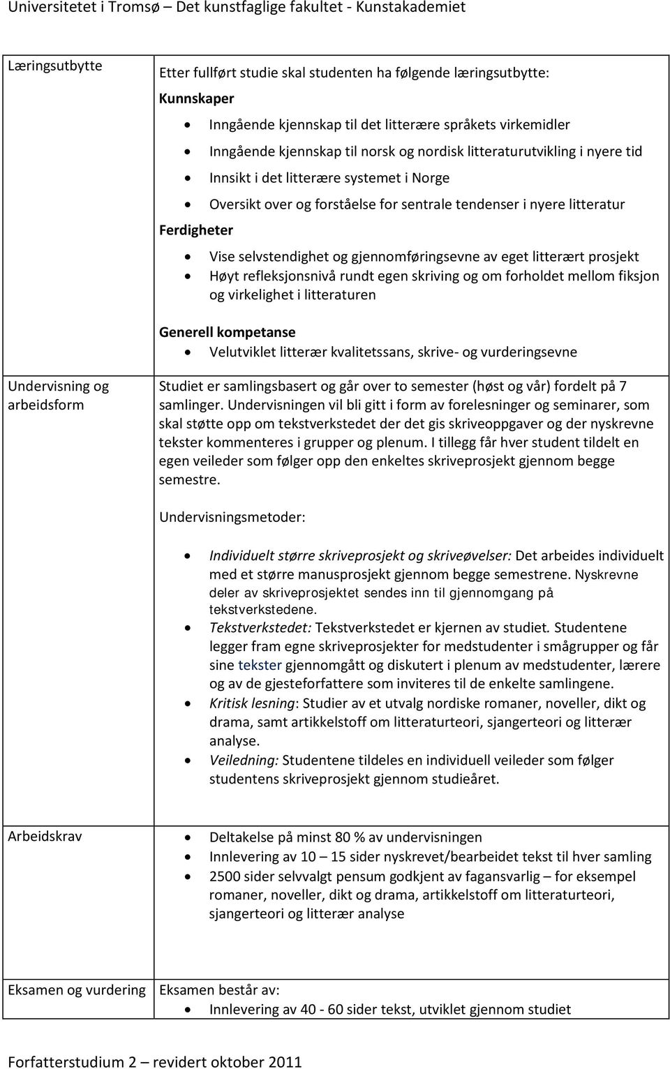 eget litterært prosjekt Høyt refleksjonsnivå rundt egen skriving og om forholdet mellom fiksjon og virkelighet i litteraturen Generell kompetanse Velutviklet litterær kvalitetssans, skrive- og