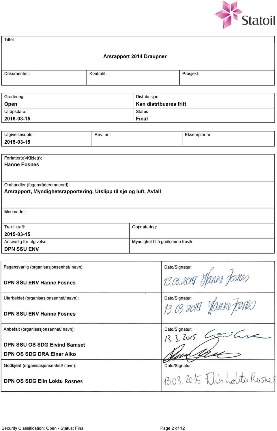 utgivelse: DPN SSU ENV Oppdatering: Myndighet til å godkjenne fravik: Fagansvarlig (organisasjonsenhet/ navn): Dato/Signatur: DPN SSU ENV Hanne Fosnes Utarbeidet (organisasjonsenhet/ navn):