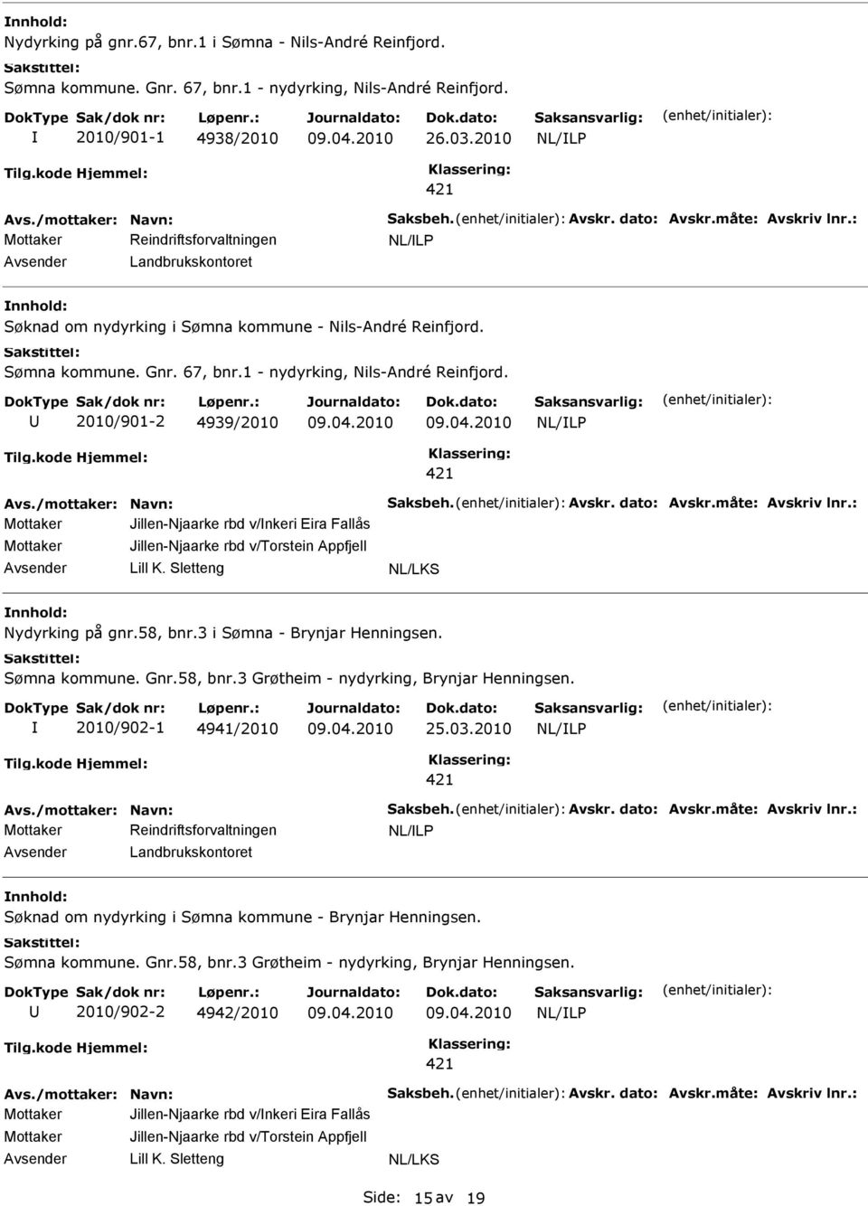 2010/901-2 4939/2010 Mottaker Jillen-Njaarke rbd v/nkeri Eira Fallås Mottaker Jillen-Njaarke rbd v/torstein Appfjell Lill K. Sletteng NL/LKS Nydyrking på gnr.58, bnr.3 i Sømna - Brynjar Henningsen.