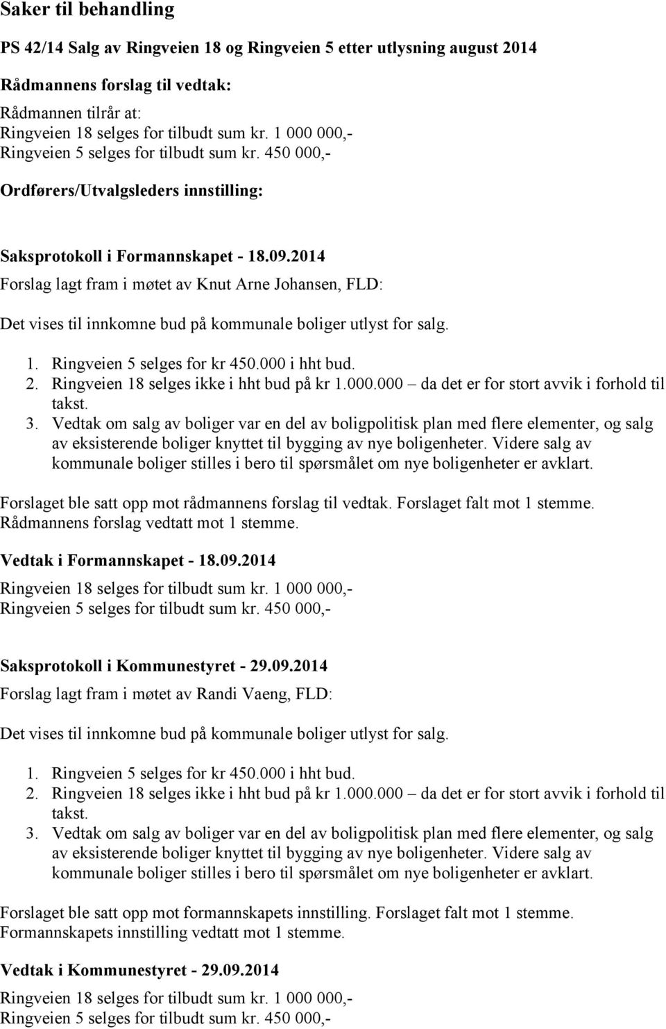 2014 Forslag lagt fram i møtet av Knut Arne Johansen, FLD: Det vises til innkomne bud på kommunale boliger utlyst for salg. 1. Ringveien 5 selges for kr 450.000 i hht bud. 2.