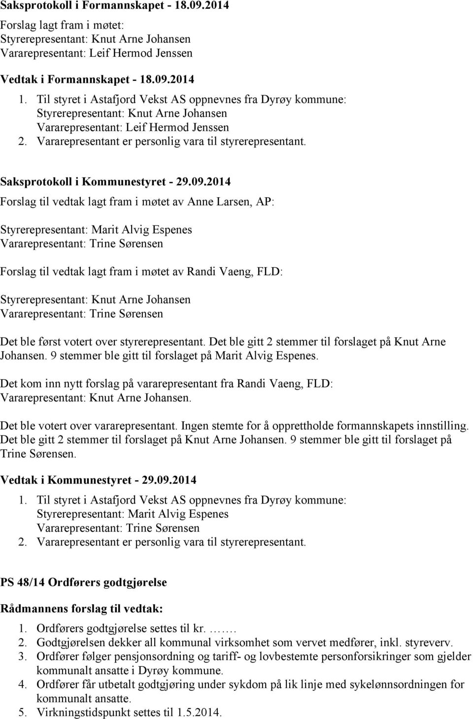 Forslag til vedtak lagt fram i møtet av Anne Larsen, AP: Styrerepresentant: Marit Alvig Espenes Vararepresentant: Trine Sørensen Forslag til vedtak lagt fram i møtet av Randi Vaeng, FLD: