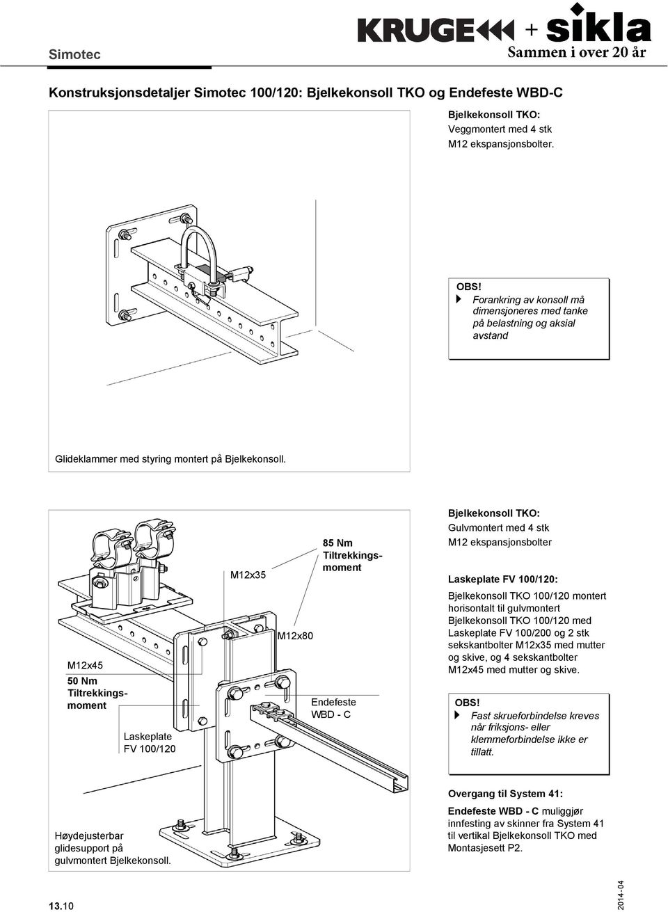 M12x45 50 Nm Tiltrekkingsmoment Laskeplate FV 100/120 M12x35 M12x80 85 Nm Tiltrekkingsmoment Endefeste WBD - C Bjelkekonsoll TKO: Gulvmontert med 4 stk M12 ekspansjonsbolter Laskeplate FV 100/120: