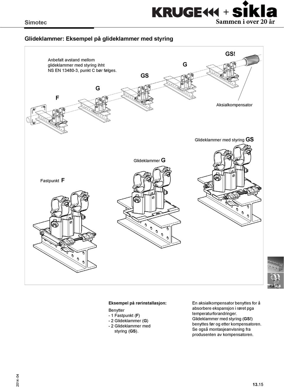 F G Aksialkompensator Glideklammer med styring GS Glideklammer G Fastpunkt F Eksempel på rørinstallasjon: Benytter - 1 Fastpunkt (F) - 2