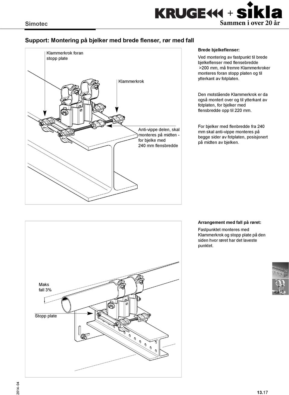 Den motstående Klammerkrok er da også montert over og til ytterkant av fotplaten, for bjelker med flensbredde opp til 220 mm.