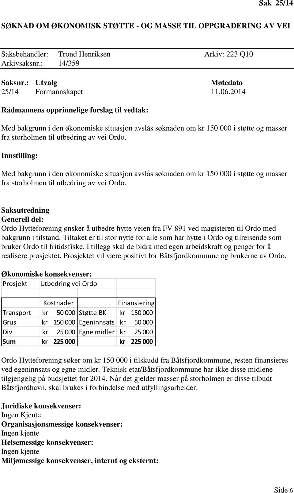 Innstilling: Med bakgrunn i den økonomiske situasjon avslås søknaden om kr 150 000 i støtte og masser fra storholmen til utbedring av vei Ordo.