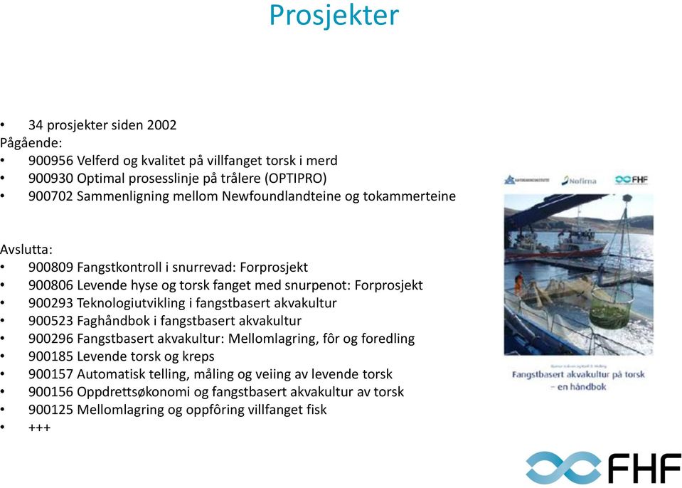 Teknologiutvikling i fangstbasert akvakultur 900523 Faghåndbok i fangstbasert akvakultur 900296 Fangstbasert akvakultur: Mellomlagring, fôr og foredling 900185 Levende torsk