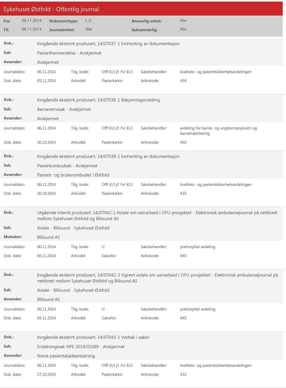 2014 Arkivdel: Pasientarkiv Arkivkode: 402 Inngående eksternt produsert, 14/07039-1 Innhenting av dokumentasjon Pasientombudsak - Pasient- og brukerombudet i Østfold Dok. dato: 30.10.