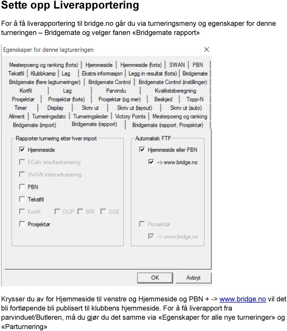 Krysser du av for Hjemmeside til venstre og Hjemmeside og PBN + -> www.bridge.