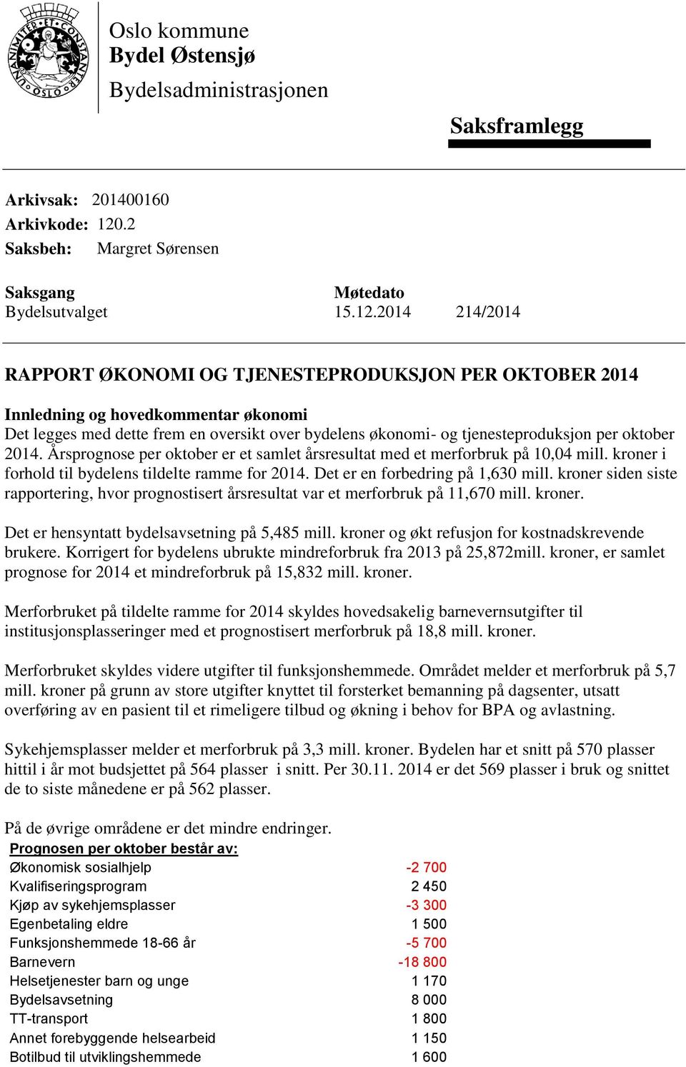 214/ RAPPORT ØKONOMI OG TJENESTEPRODUKSJON PER OKTOBER Innledning og hovedkommentar økonomi Det legges med dette frem en oversikt over bydelens økonomi- og tjenesteproduksjon per oktober.