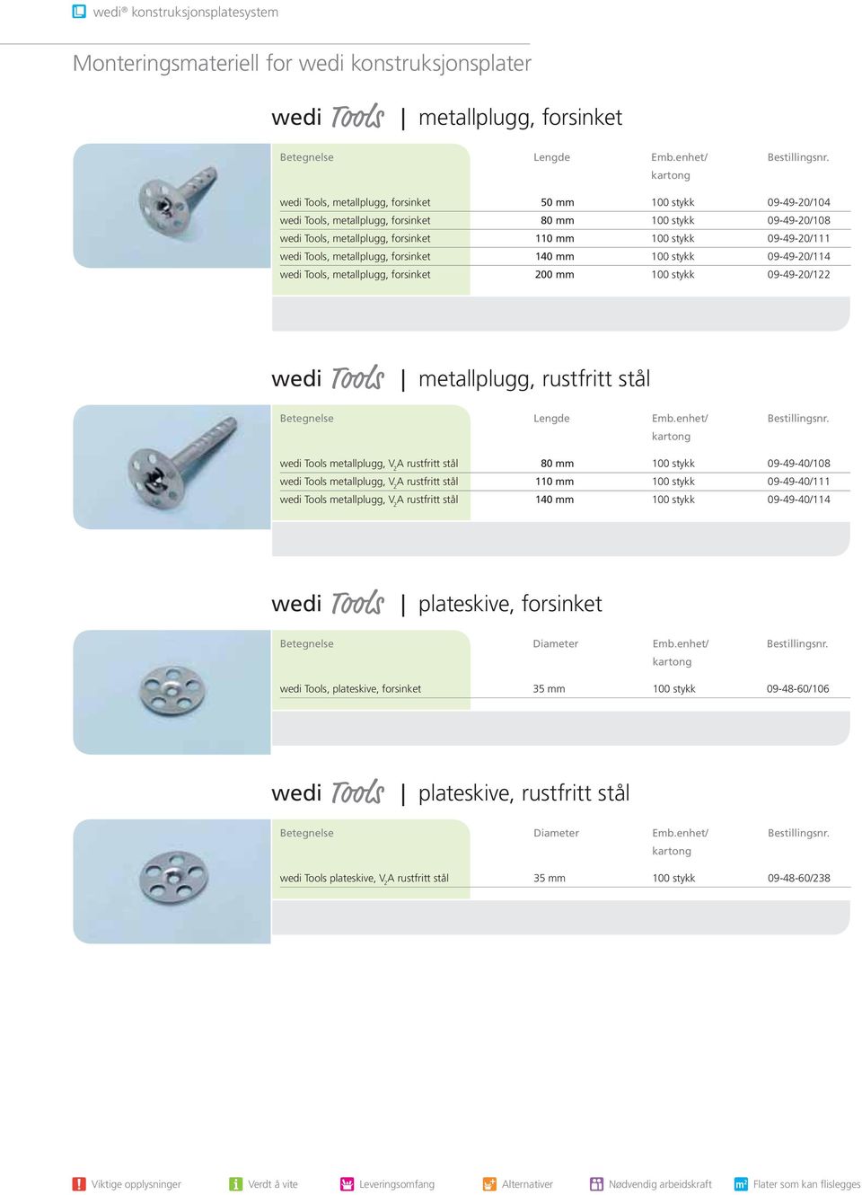 Tools, metallplugg, forsinket 140 mm 100 stykk 09-49-20/114 wedi Tools, metallplugg, forsinket 200 mm 100 stykk 09-49-20/122 wedi metallplugg, rustfritt stål Betegnelse Lengde Emb.