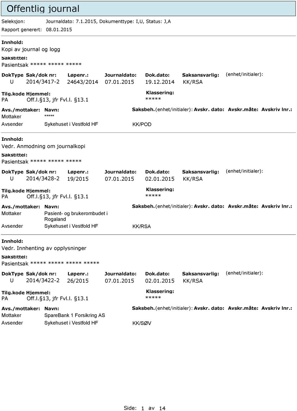 nnhenting av opplysninger Pasientsak U 2014/3422-2 26/2015 02.01.2015 KK/RSA Mottaker SpareBank 1 Forsikring AS Avsender Sykehuset i Vestfold HF KK/SØV Side: 1 av 14