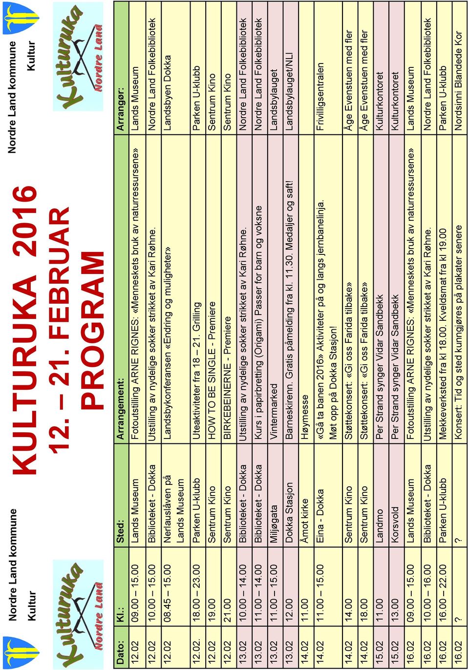 00 Nerlauslåven på Lands Museum Landsbykonferansen «Endring og muligheter» Landsbyen Dokka 12.02. 18.00 23.00 Parken U-klubb Uteaktiviteter fra 18 21. Grilling Parken U-klubb 12.02 19.