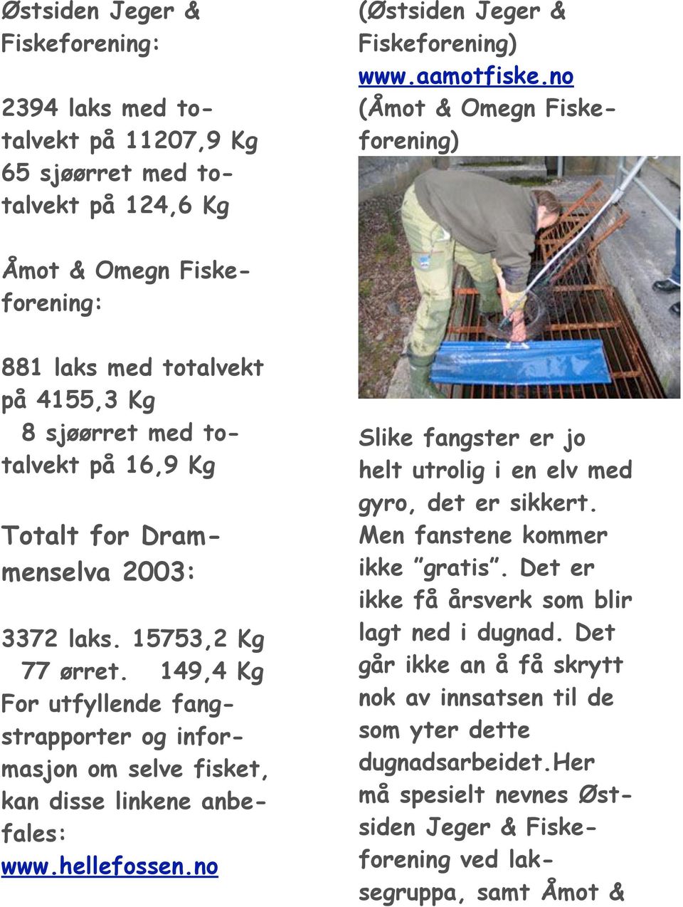 149,4 Kg For utfyllende fangstrapporter og informasjon om selve fisket, kan disse linkene anbefales: www.hellefossen.no Slike fangster er jo helt utrolig i en elv med gyro, det er sikkert.