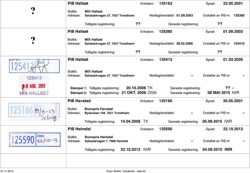 125413 Tidligste registrering: Seneste registrering: PiB Hallset Enhetsnr: 125413 Åpnet: 01.03.