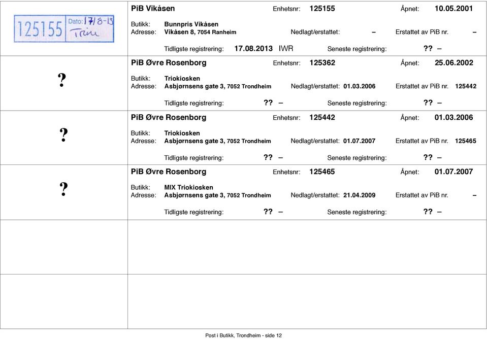 125442 Tidligste registrering: Seneste registrering: PiB Øvre Rosenborg Enhetsnr: 125442 Åpnet: 01.03.2006 Butikk: Triokiosken Adresse: Asbjørnsens gate 3, 7052 Trondheim Nedlagt/erstattet: 01.07.