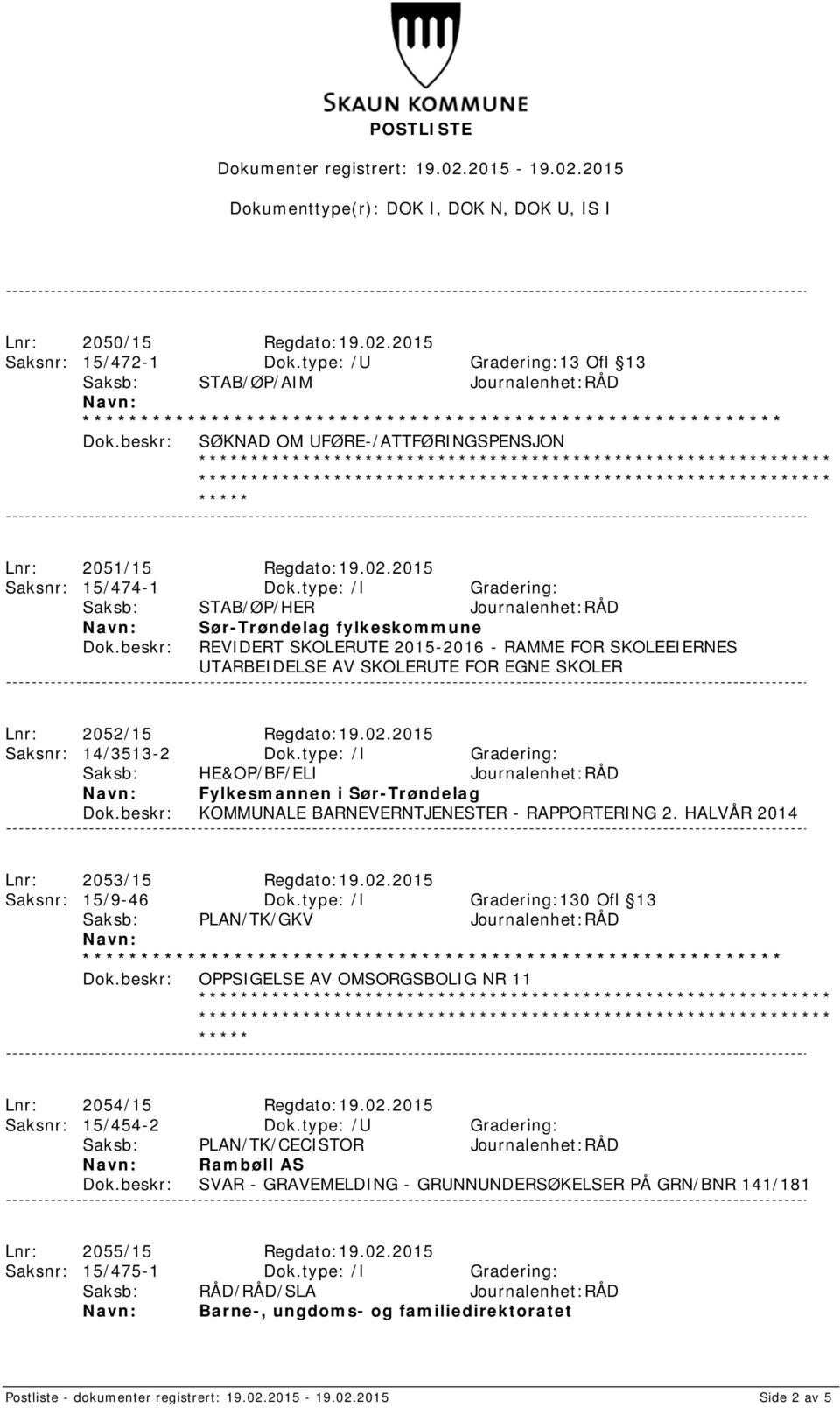 Regdato:19.02.2015 Saksnr: 14/3513-2 Dok.type: /I Gradering: Saksb: HE&OP/BF/ELI Journalenhet:RÅD Fylkesmannen i Sør-Trøndelag KOMMUNALE BARNEVERNTJENESTER - RAPPORTERING 2.