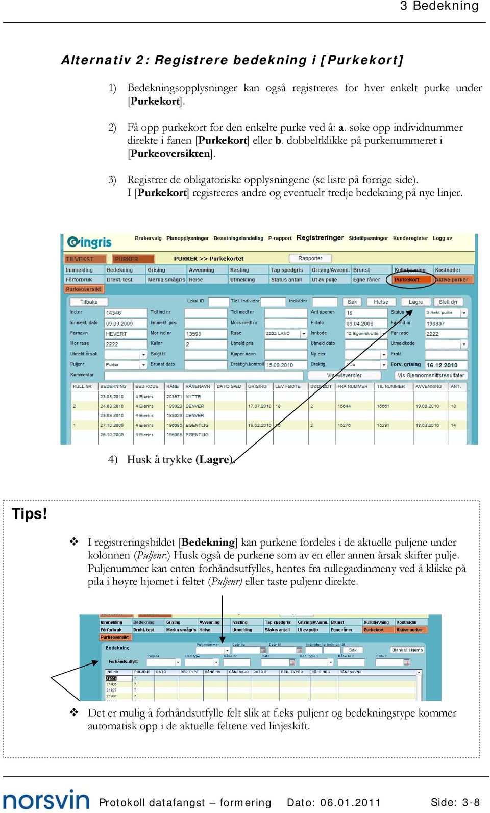 I [Purkekort] registreres andre og eventuelt tredje bedekning på nye linjer. 4) Husk å trykke (Lagre). Tips!