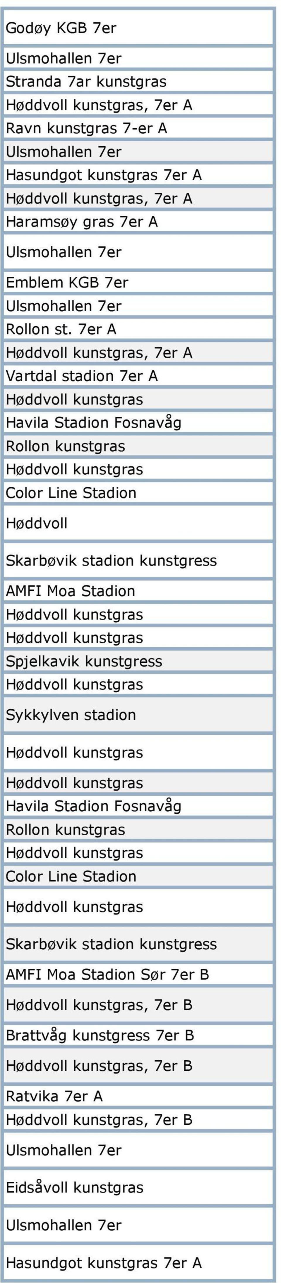 7er A, 7er A Vartdal stadion 7er A Havila Stadion Fosnavåg Rollon kunstgras Color Line Stadion Skarbøvik stadion kunstgress AMFI Moa