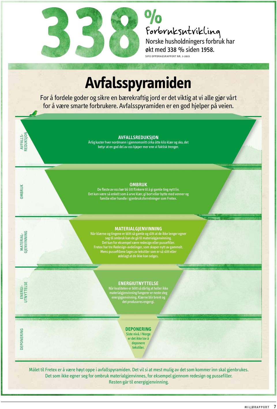 AVFALLS- REDUKSJON AVFALLSREDUKSJON Årlig kaster hver nordmann i gjennomsnitt cirka åtte kilo klær og sko, det betyr at en god del av oss kjøper mer enn vi faktisk trenger.