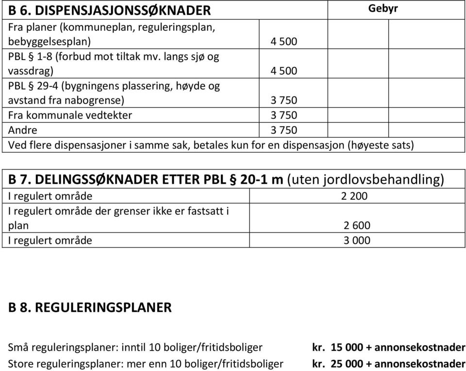 betales kun for en dispensasjon (høyeste sats) B 7.