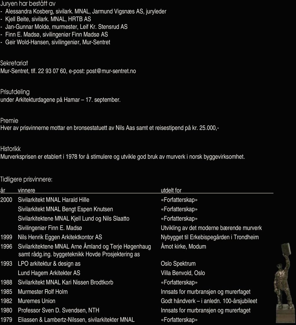 no Prisutdeling under Arkitekturdagene på Hamar 17. september. Premie Hver av prisvinnerne mottar en bronsestatuett av Nils Aas samt et reisestipend på kr. 25.