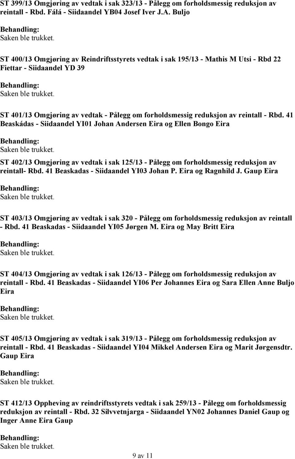 Rbd. 41 Beaskádas - Siidaandel YI01 Johan Andersen Eira og Ellen Bongo Eira ST 402/13 Omgjøring av vedtak i sak 125/13 - Pålegg om forholdsmessig reduksjon av reintall- Rbd.