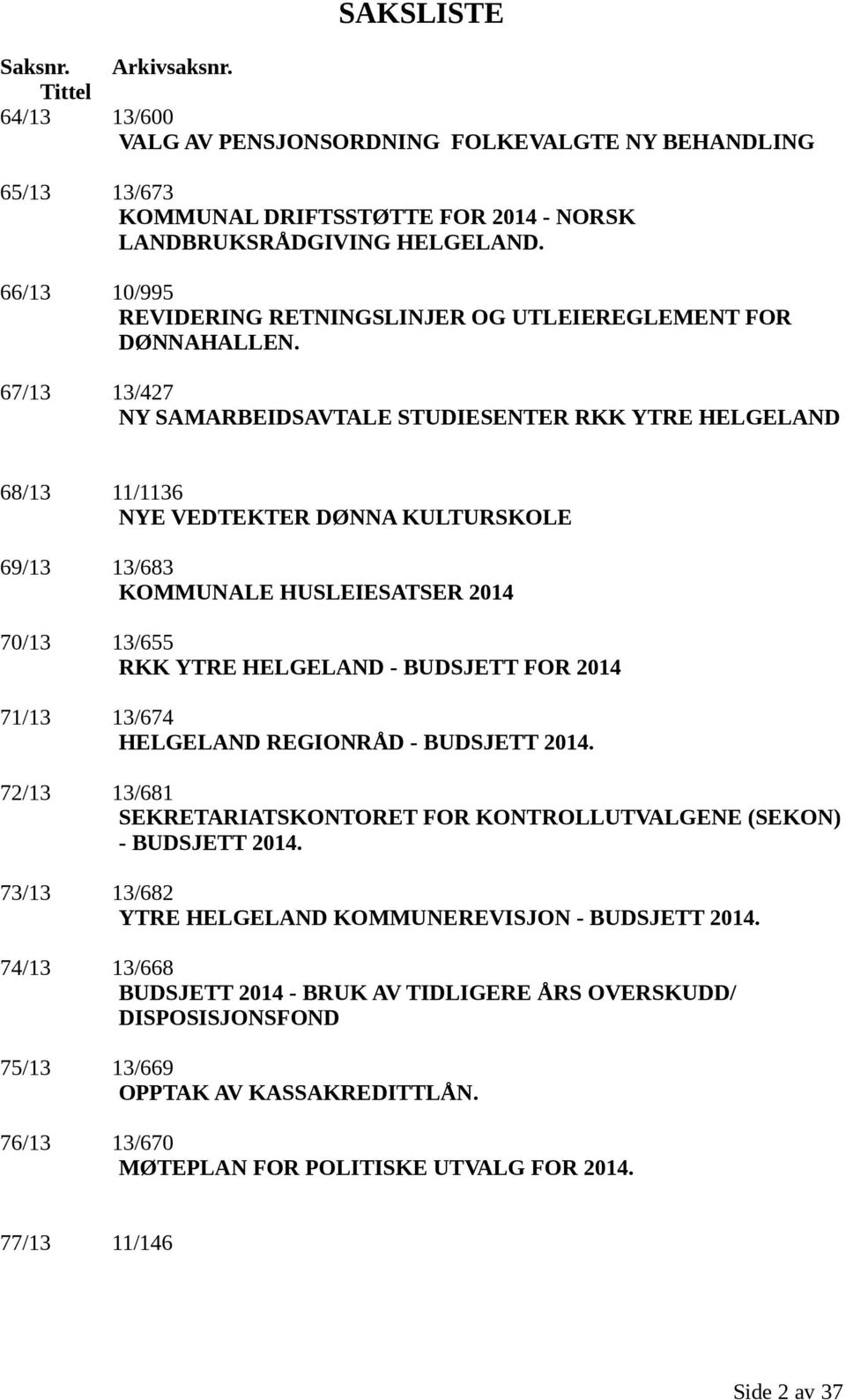 67/13 13/427 NY SAMARBEIDSAVTALE STUDIESENTER RKK YTRE HELGELAND 68/13 11/1136 NYE VEDTEKTER DØNNA KULTURSKOLE 69/13 13/683 KOMMUNALE HUSLEIESATSER 2014 70/13 13/655 RKK YTRE HELGELAND - BUDSJETT FOR