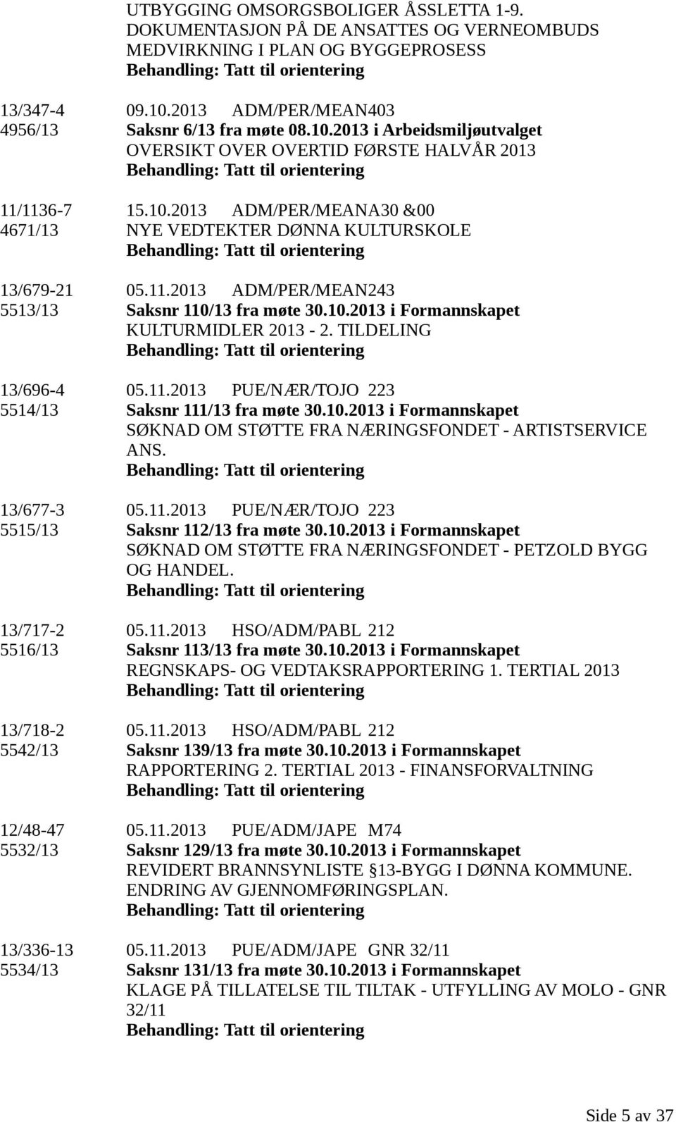 11.2013 ADM/PER/MEAN243 5513/13 Saksnr 110/13 fra møte 30.10.2013 i Formannskapet KULTURMIDLER 2013-2. TILDELING Tatt til orientering 13/696-4 05.11.2013 PUE/NÆR/TOJO 223 5514/13 Saksnr 111/13 fra møte 30.