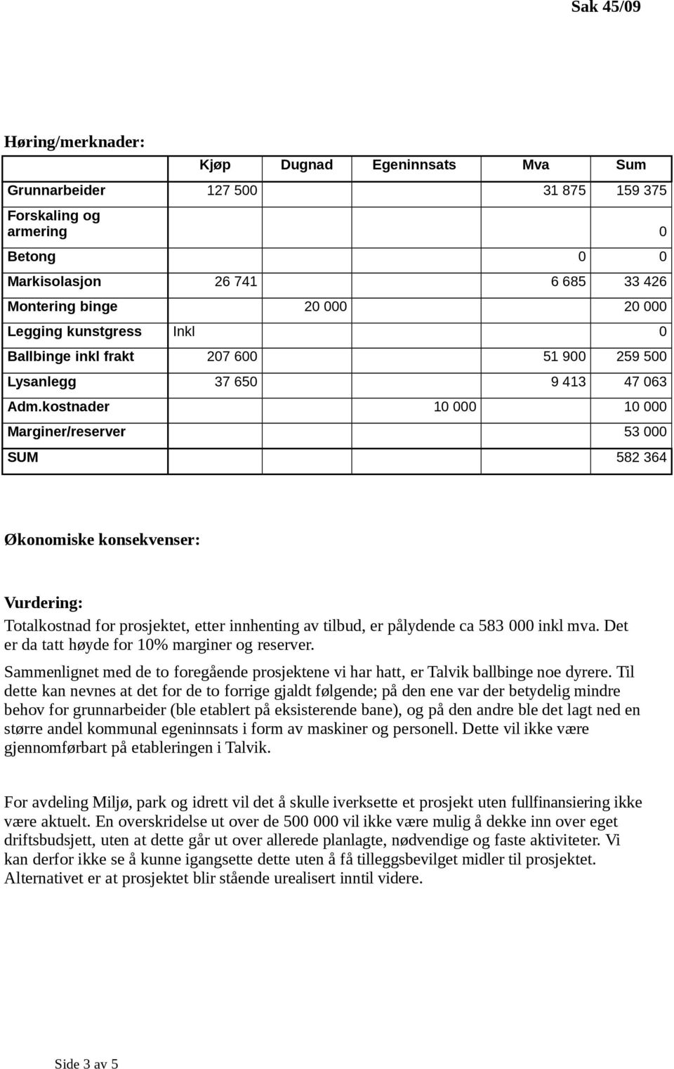 kostnader 10 000 10 000 Marginer/reserver 53 000 SUM 582 364 Økonomiske konsekvenser: Vurdering: Totalkostnad for prosjektet, etter innhenting av tilbud, er pålydende ca 583 000 inkl mva.