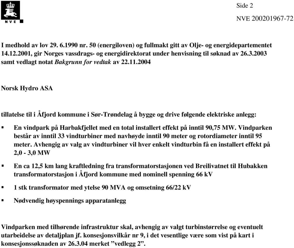 2004 Norsk Hydro ASA tillatelse til i Åfjord kommune i Sør-Trøndelag å bygge og drive følgende elektriske anlegg: En vindpark på Harbakfjellet med en total installert effekt på inntil 90,75 MW.